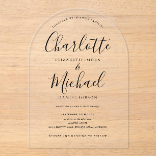 Elegant Modern Black Signature Script Arch Wedding Acrylic Invitations