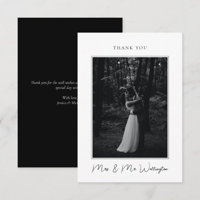 Elegant Modern Black Signature Script Wedding Thank You Card (Front/Back)