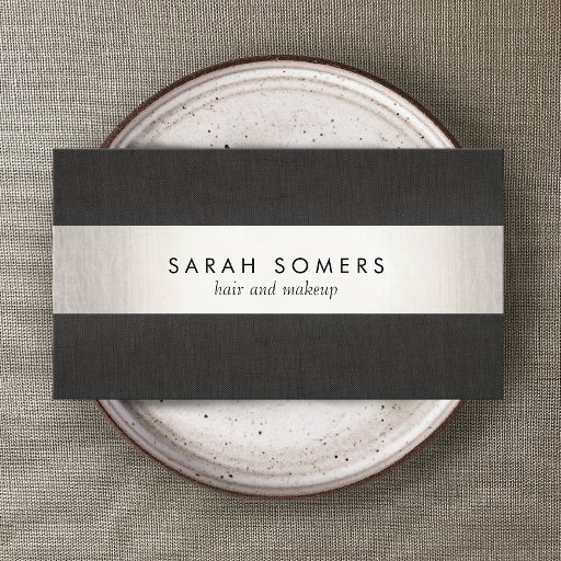 Customizable Silver Chic Black Linen Striped Makeup and Hair Business Cards