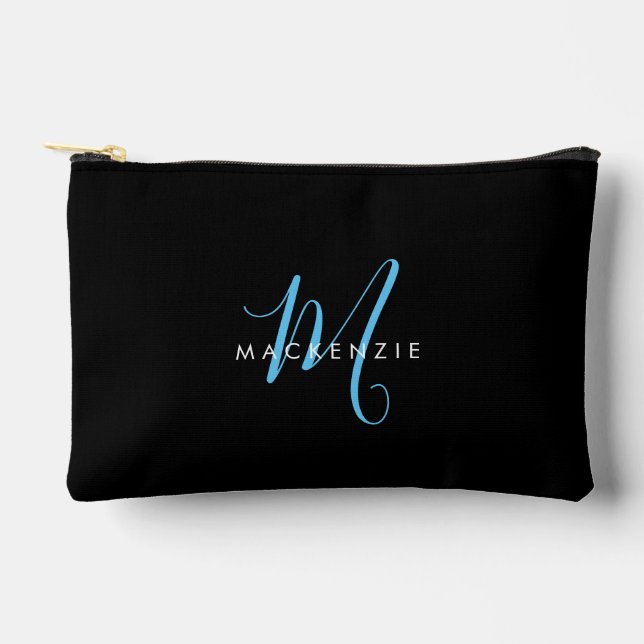 Elegant Modern Black Sky Blue Script Monogram Accessory Pouch (Front)