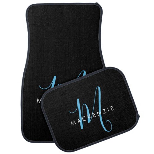 Elegant Modern Black Sky Blue Script Monogram Car Floor Mat