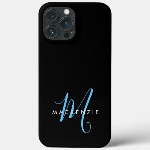 Elegant Modern Black Sky Blue Script Monogram iPhone 13 Pro Max Case