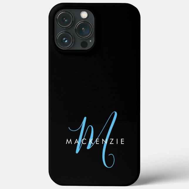 Elegant Modern Black Sky Blue Script Monogram Case-Mate iPhone Case (Back)