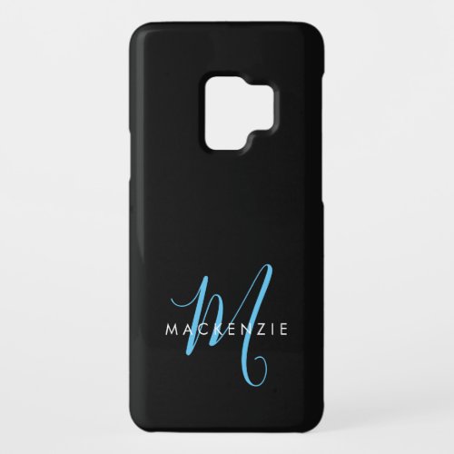 Elegant Modern Black Sky Blue Script Monogram Case_Mate Samsung Galaxy S9 Case