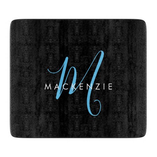 Elegant Modern Black Sky Blue Script Monogram Cutting Board