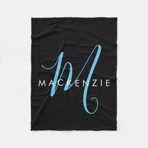 Elegant Modern Black Sky Blue Script Monogram Fleece Blanket