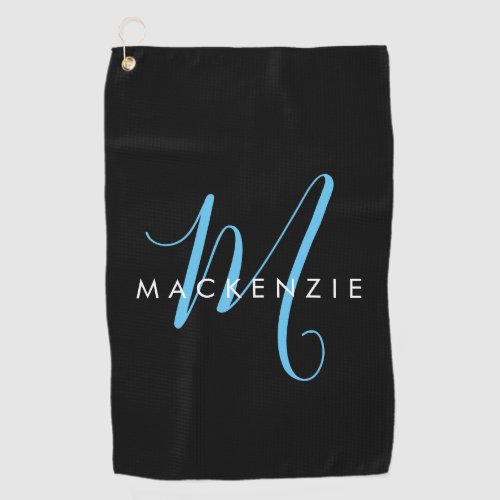 Elegant Modern Black Sky Blue Script Monogram Golf Towel