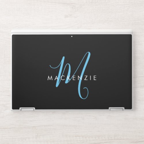 Elegant Modern Black Sky Blue Script Monogram HP Laptop Skin