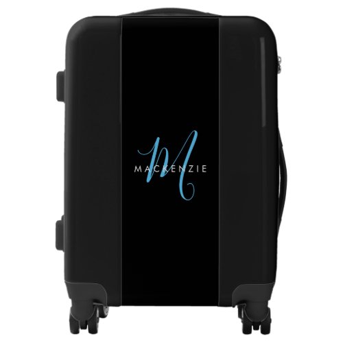 Elegant Modern Black Sky Blue Script Monogram Luggage