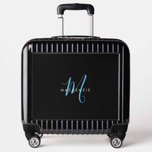 Elegant Modern Black Sky Blue Script Monogram Luggage