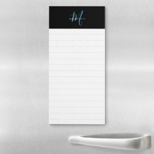 Elegant Modern Black Sky Blue Script Monogram Magnetic Notepad