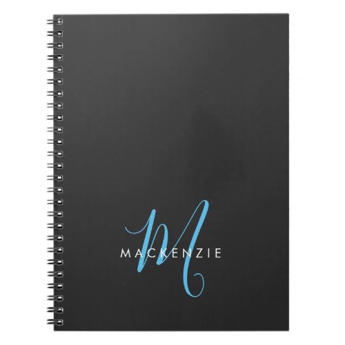 Elegant Modern Black Sky Blue Script Monogram Notebook