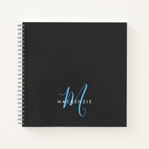 Elegant Modern Black Sky Blue Script Monogram Notebook