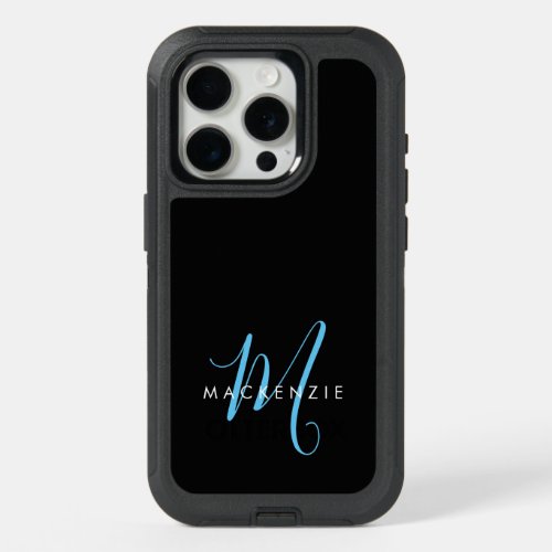 Elegant Modern Black Sky Blue Script Monogram iPhone 15 Pro Case