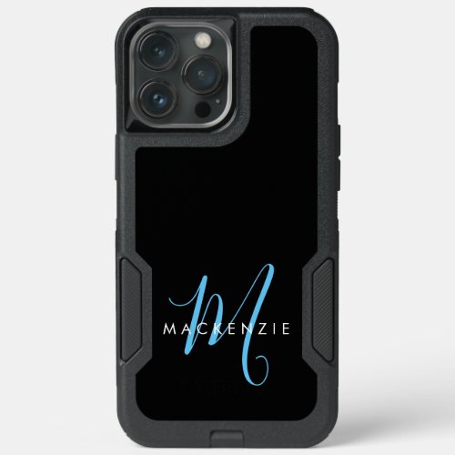 Elegant Modern Black Sky Blue Script Monogram iPhone 13 Pro Max Case