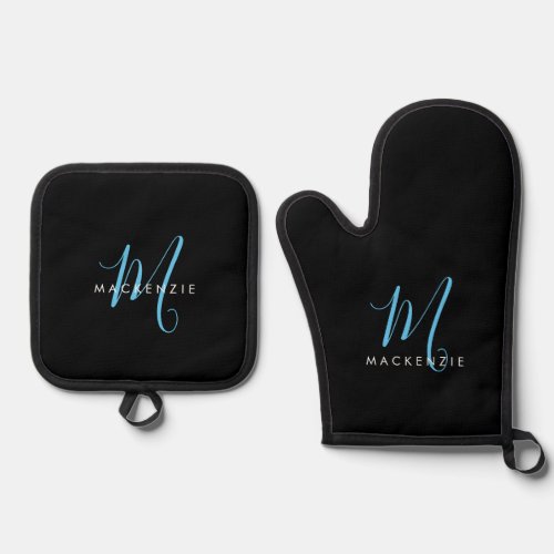 Elegant Modern Black Sky Blue Script Monogram Oven Mitt  Pot Holder Set