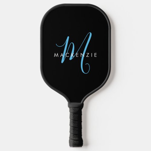 Elegant Modern Black Sky Blue Script Monogram Pickleball Paddle