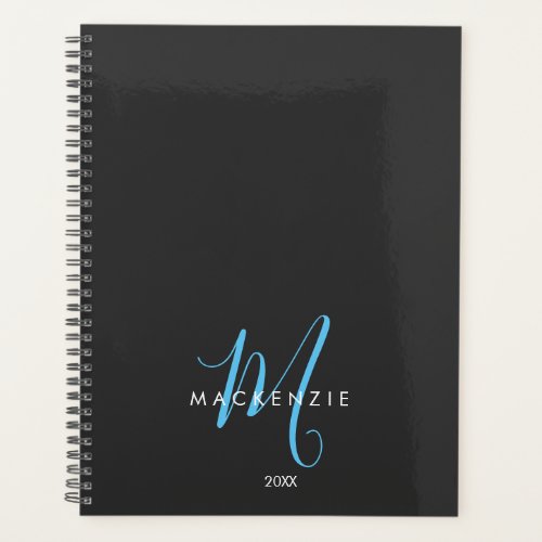 Elegant Modern Black Sky Blue Script Monogram Planner