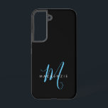 Elegant Modern Black Sky Blue Script Monogram Samsung Galaxy S22 Case<br><div class="desc">Elegant Modern Black Sky Blue Script Monogram Phone Case.  An elegant sky blue script monogram combined with a clean white san-serif font makes for a contemporary look.</div>