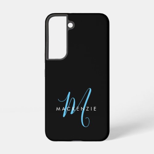 Elegant Modern Black Sky Blue Script Monogram Samsung Galaxy S22 Case