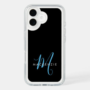 Elegant Modern Black Sky Blue Script Monogram iPhone 16 Case