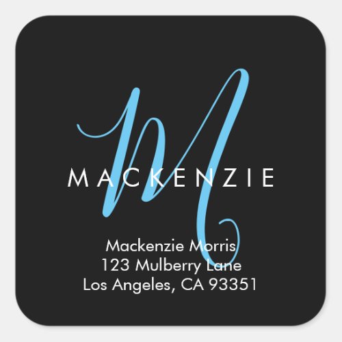 Elegant Modern Black Sky Blue Script Monogram Square Sticker