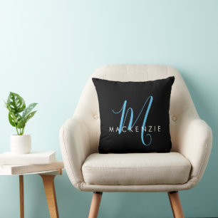 Elegant Modern Black Sky Blue Script Monogram Throw Pillow
