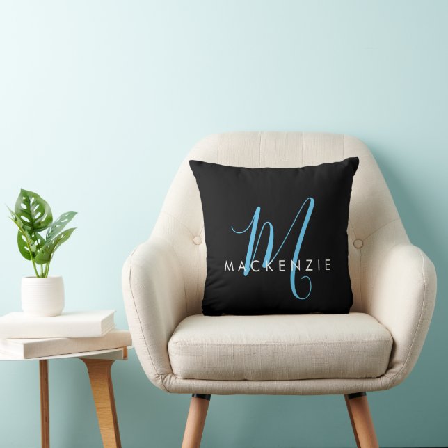 Elegant Modern Black Sky Blue Script Monogram Throw Pillow (Chair)