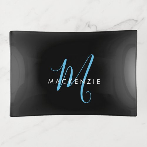 Elegant Modern Black Sky Blue Script Monogram Trinket Tray