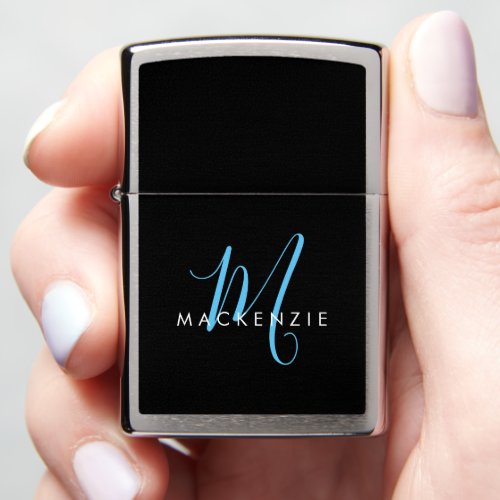 Elegant Modern Black Sky Blue Script Monogram Zippo Lighter