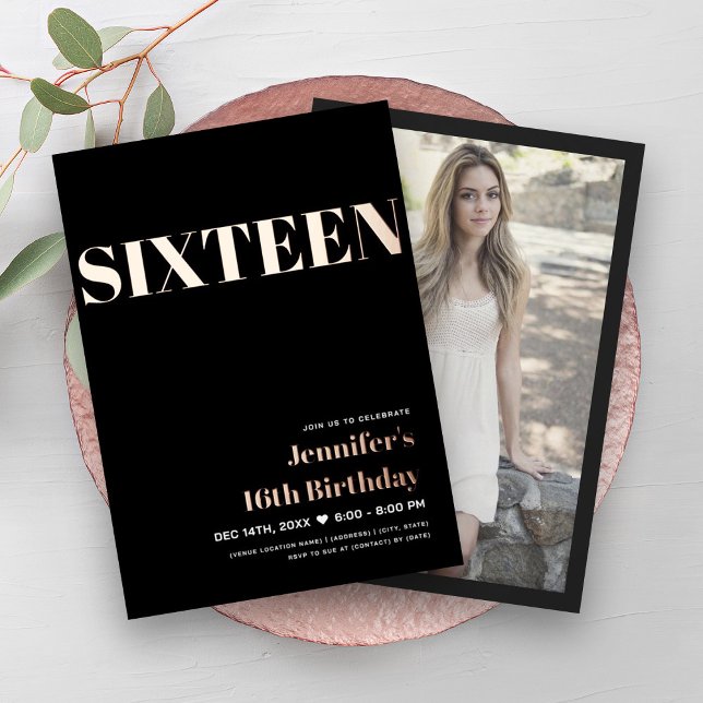 ELEGANT Modern Black Sweet 16 Typography  Foil Invitation (ELEGANT Modern Black Sweet 16 Typography Foil Invitation)