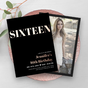 ELEGANT Modern Black Sweet 16 Typography Foil Invitation