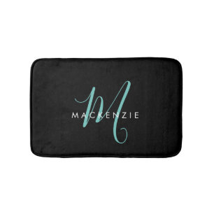 Elegant Modern Black Teal Script Monogram Bath Mat
