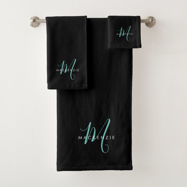 Elegant Modern Black Teal Script Monogram Bath Towel Set (Insitu)