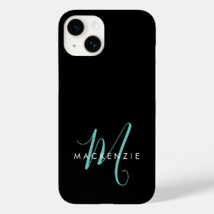Elegant Modern Black Teal Script Monogram Case-Mate iPhone 14 Case