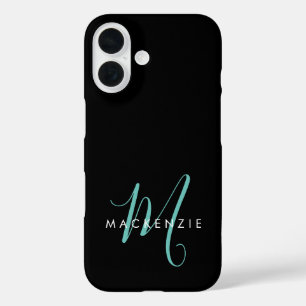 Elegant Modern Black Teal Script Monogram iPhone 16 Case