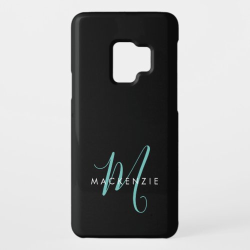 Elegant Modern Black Teal Script Monogram Case_Mate Samsung Galaxy S9 Case