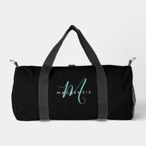 Elegant Modern Black Teal Script Monogram Duffle Bag