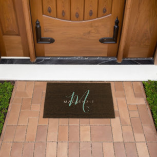 Elegant Modern Black Teal Script Monogram Fiber Doormat