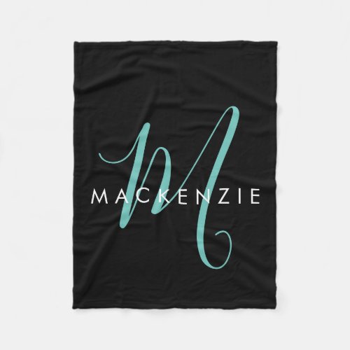 Elegant Modern Black Teal Script Monogram Fleece Blanket