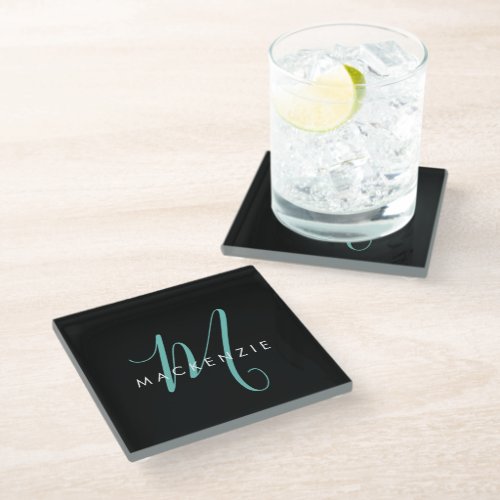 Elegant Modern Black Teal Script Monogram Glass Coaster