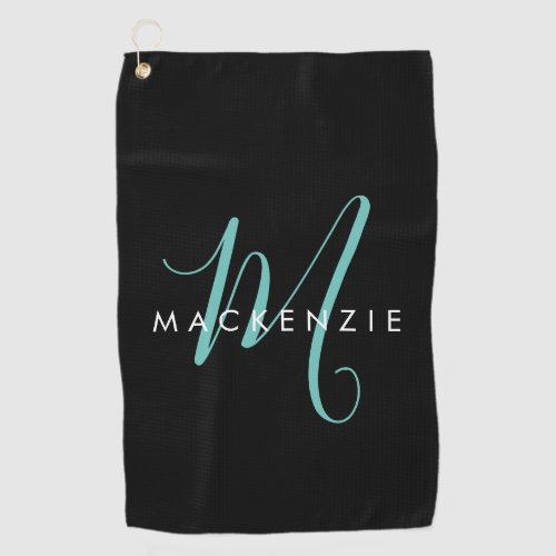 Elegant Modern Black Teal Script Monogram Golf Towel