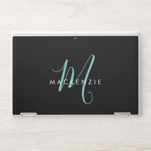 Elegant Modern Black Teal Script Monogram HP Laptop Skin