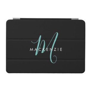 Elegant Modern Black Teal Script Monogram iPad Mini Cover