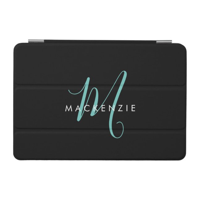 Elegant Modern Black Teal Script Monogram iPad Mini Cover (Horizontal)
