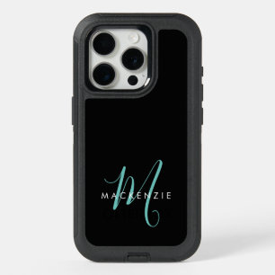 Elegant Modern Black Teal Script Monogram iPhone 15 Pro Case