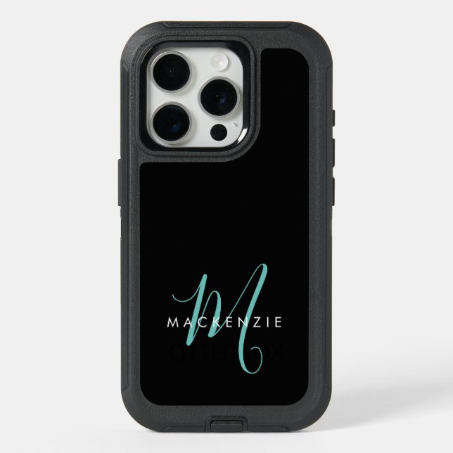 Elegant Modern Black Teal Script Monogram iPhone 15 Pro Case (Back)
