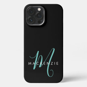 Elegant Modern Black Teal Script Monogram iPhone 13 Pro Max Case