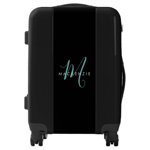 Elegant Modern Black Teal Script Monogram Luggage