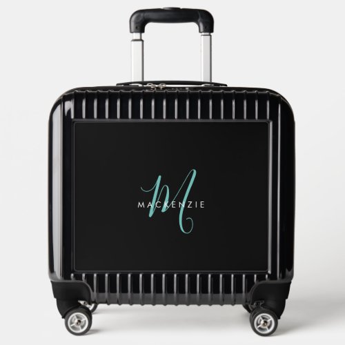 Elegant Modern Black Teal Script Monogram Luggage